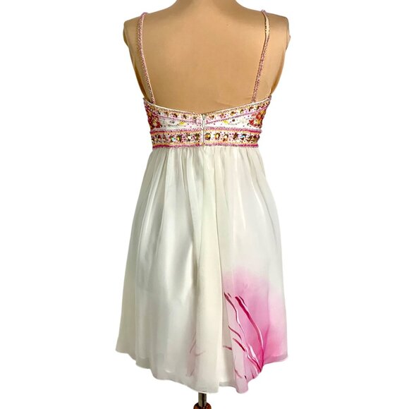 Beaded Custom Pageant Cocktail White Pink Chiffon Dress Beaded Bodice Size S - Picture 9 of 10